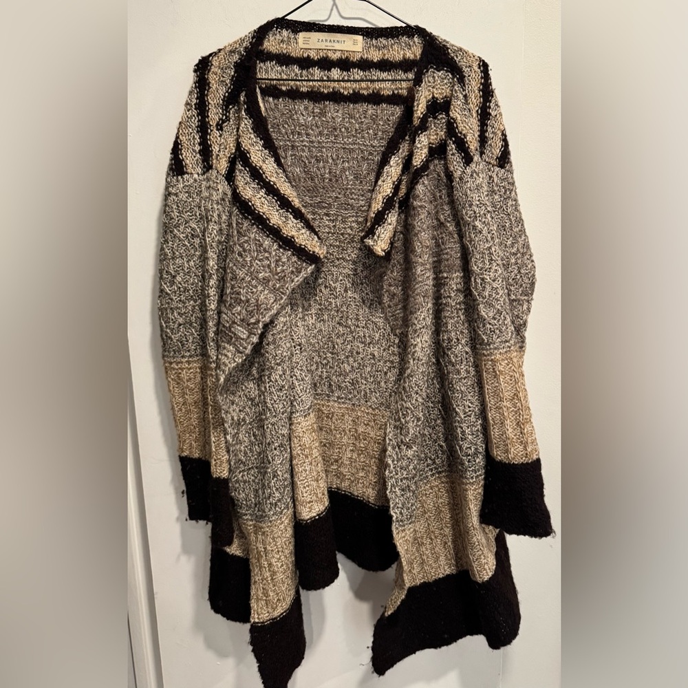 Zara Knit Wool blend Black Gray Cream Striped Cardigan Waterfall Shacket long M